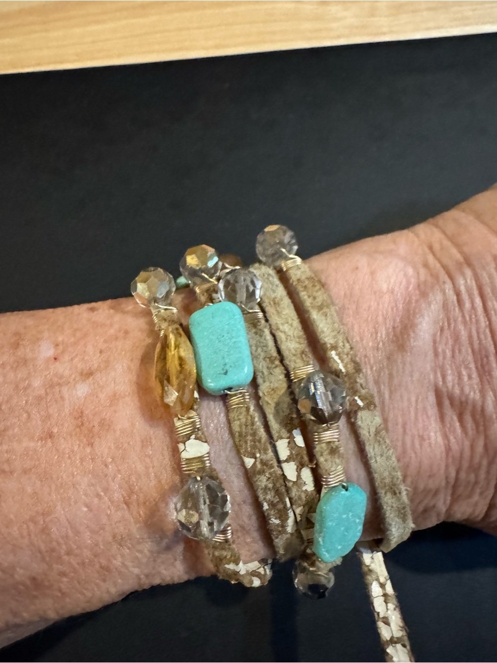 Distressed Leather Wrap Bracelet With Turquoise and Crystal Beads